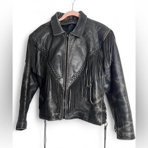 Unik Leather Jacket Black Fringe Tassel Biker Moto Western Women’s XL